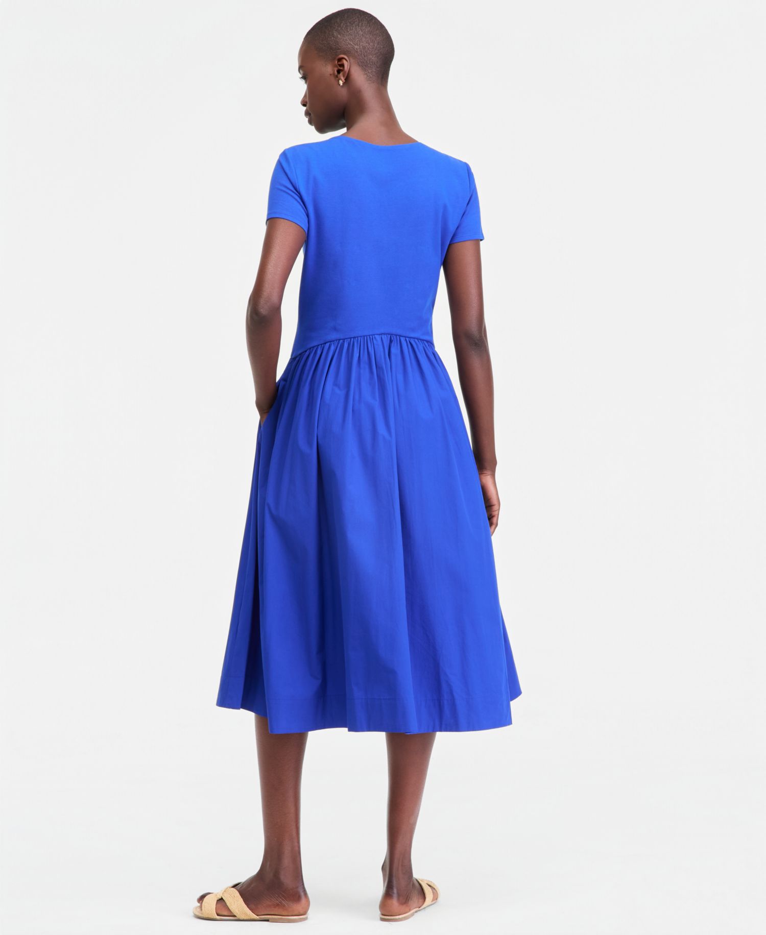Women's Short-Sleeve Curved-Waist Mixed-Media Midi Dress