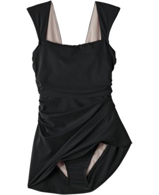 Women's Long Torso NEW Smoothing Square Neck Ruched Swim Dress Swimsuit
