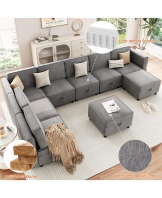 139.4" Chenille Reversible Sectional Sofa, 9-Seater Modular Sectional Sofa, Comfy Sectional Sleeper Sofa Couch with Chaise
