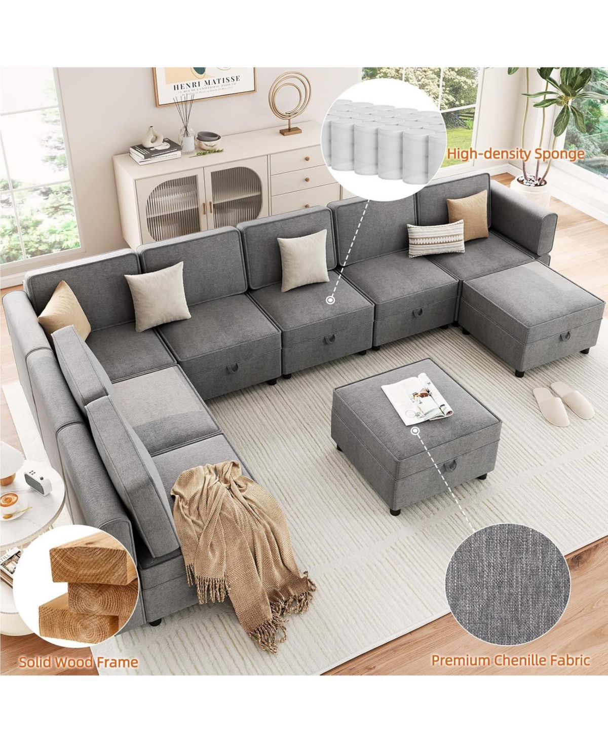 gaomon 139.4" Chenille Reversible Sectional Sofa, 9-Seater Modular Sectional Sofa, Comfy Sectional Sleeper Sofa Couch with Chaise