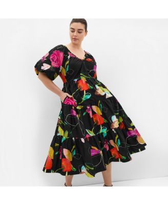 Women's Plus Size Fantasy Print Puff Sleeve Midi Dress