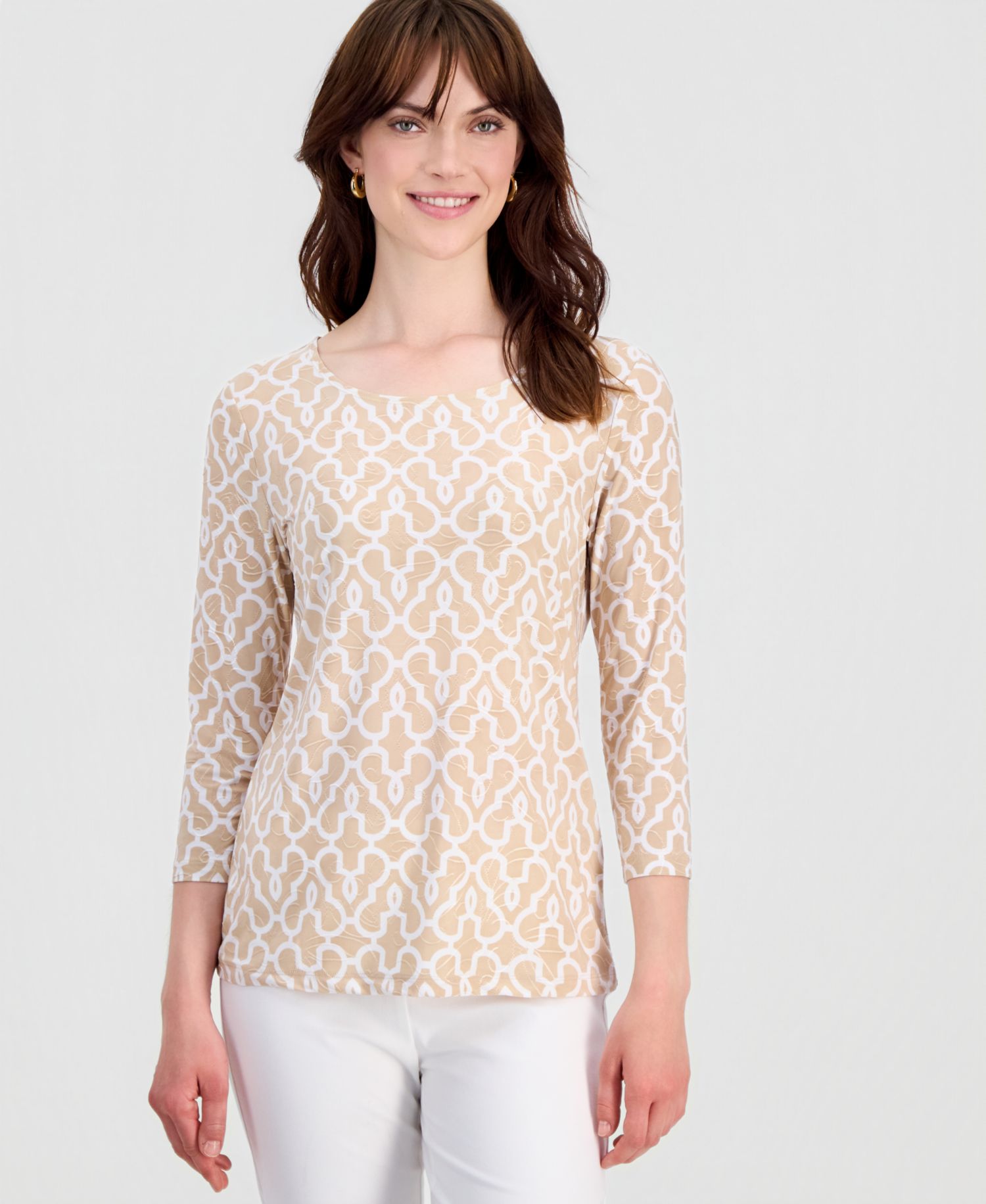 Women's Printed 3/4-Sleeve Scoop-Neck Jacquard Top