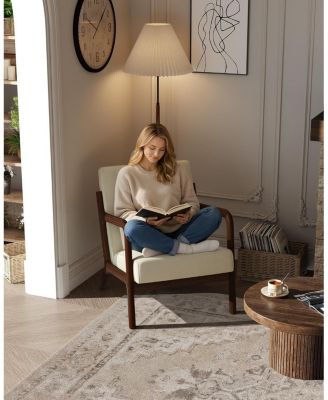 Mid-Century Chenille Accent Chair,Cozy Reading Chair,Modern Lounge Armchair with Lumbar Pillow,Solid Wood Frame,for Living Room,Bedroom,Office