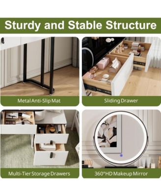 Modern Vanity Table with Mirror and Lights - Makeup Vanity with Glass Top, 4 Drawers and Reversible Adjustable Side Cabinet for Bedroom