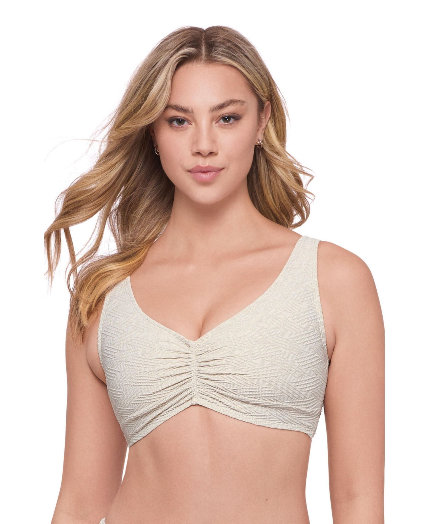 Women's Supportive and Sculpting Basket Weave Banded Cinch Front Bikini Swimsuit Top