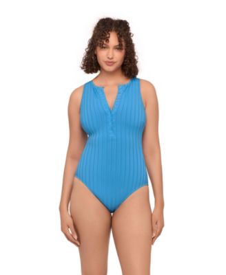 Women's Smoothing and Sculpting Wide Rib Snap High Neck One-Piece Swimsuit