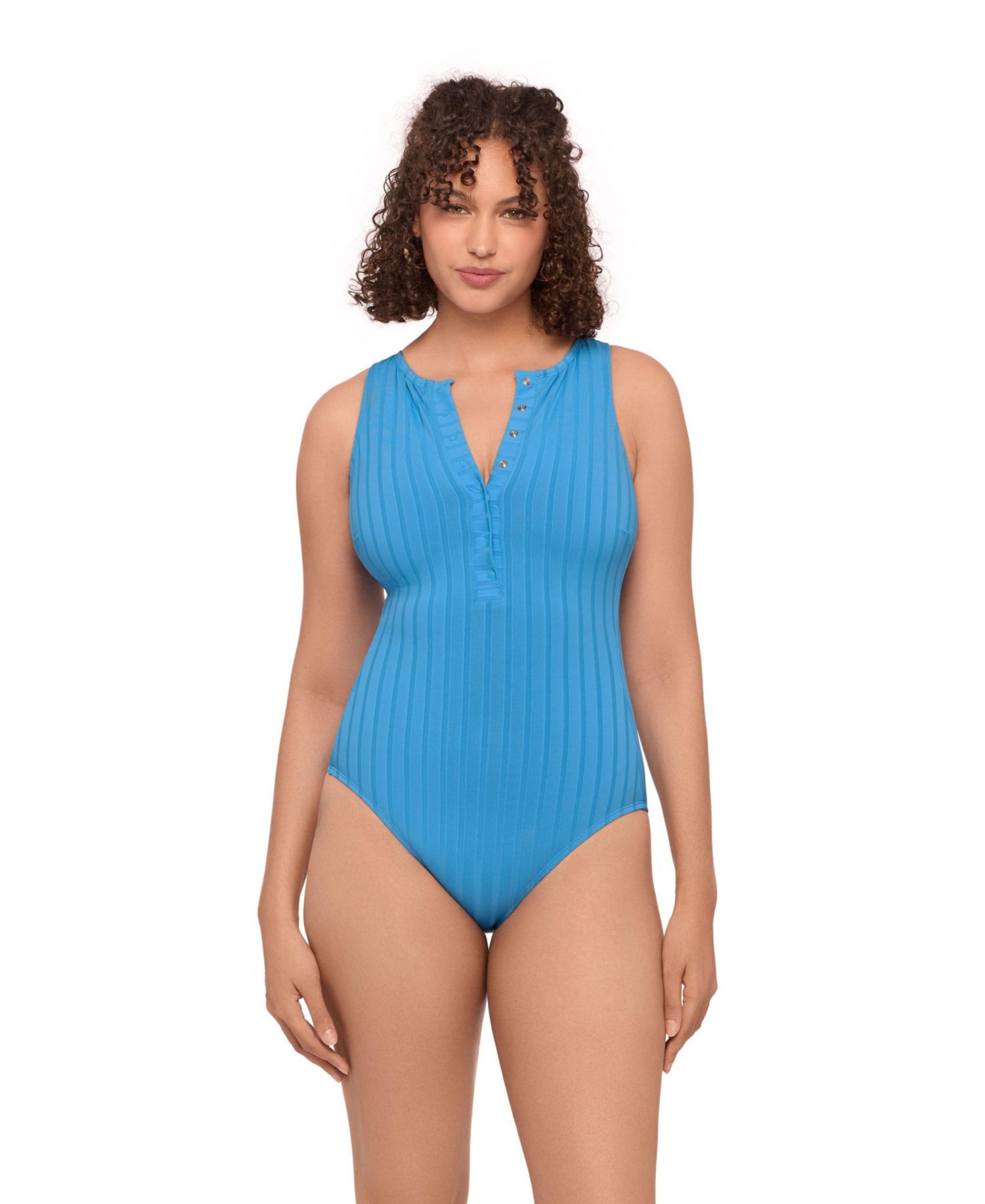 Women's Smoothing and Sculpting Wide Rib Snap High Neck One-Piece Swimsuit