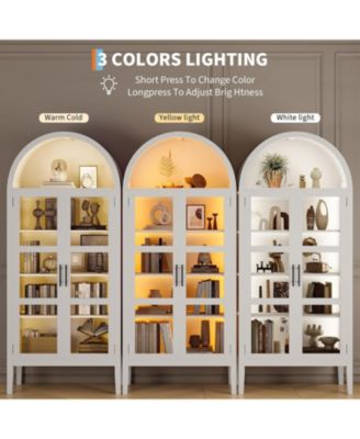 Tall Arched Kitchen Pantry Cabinet with LED Lights, Modern Wood Arched Bookshelf with Glass Doors & Adjustable Shelves, Elegant Display Cabinet