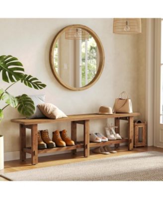 Solid Wood Entryway Bench, 63" End of Bed Bench with Shoe Storage Rack, Farmhouse Narrow Seating