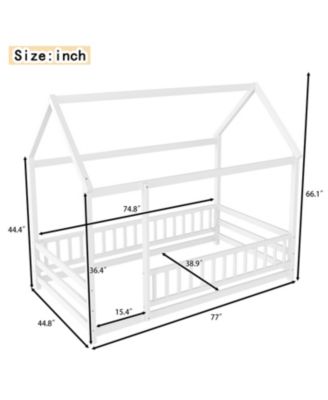 Wooden Floor Bed With House Roof Frame And Fence Guardrails White For Kids