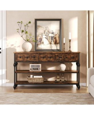 52" Industrial Console Table with 3 Drawers, 3-Tier Metal Entryway/Sofa Table.