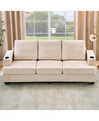 89" 3-Seater Sofa, Chenille Couch with Deep Seat, Cup Holders and Storage Pockets