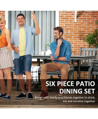 6 Pieces Patio Dining Set, 6 Seater Outdoor Table and Chairs, Conversation Furniture, Armrests, Loveseat Bench, Dinner Table with Umbrella Hole, Cushions, Dark Gray