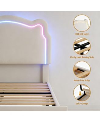 Twin Upholstered Smart LED Bed Frame with Velvet Princess Headboard and Wooden Slat Support, No Box Spring Needed