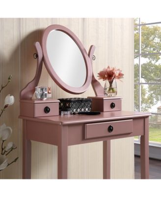 Wood Makeup Vanity Desk and Stool Set - Dressing Table with Mirror and 3 Storage Drawers for Bedroom