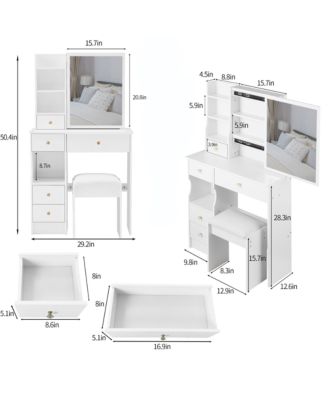 Makeup Vanity Desk Set - Left Drawer Desktop Dressing Table  Cushioned Stool with Sliding Mirror for Compact Bedrooms