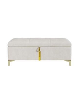 Upholstered Storage Ottoman, Modern Storage Bench with Metal Legs and Golden Striping for Living Room, Bedroom