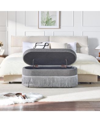 Oval Storage Ottoman, Upholstered Footrest with Fringe Trim, Hidden Storage and Metal Frame for Living Room, Bedroom