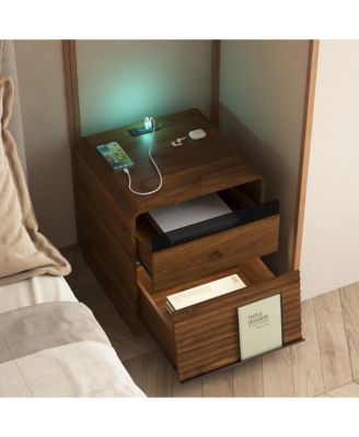 Smart Nightstand with Charging Station and LED Light, Modern Bedside Table with Storage Drawers for Bedroom