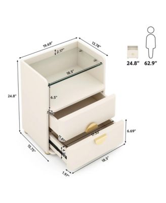 2-Drawer Nightstand, Modern Wood Bedside Table with Open Tempered Glasses Storage Space, End Table for Living Room and Bedroom