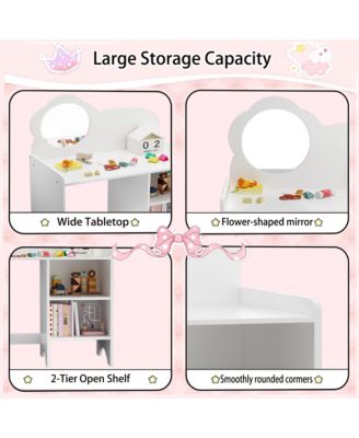 Kids Vanity Desk Set with Mirror and Chair, Wooden Dressing Table with Storage Shelves, Study and Activity Table for Girls and Boys