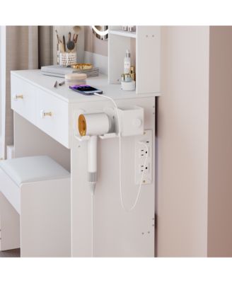 3-in-1 Vanity Set - Full Body Mirror Cabinet Mirror LED Makeup Dressing Table + Cushioned Stool with 2 AC + 2 USB Power Station for Bedroom