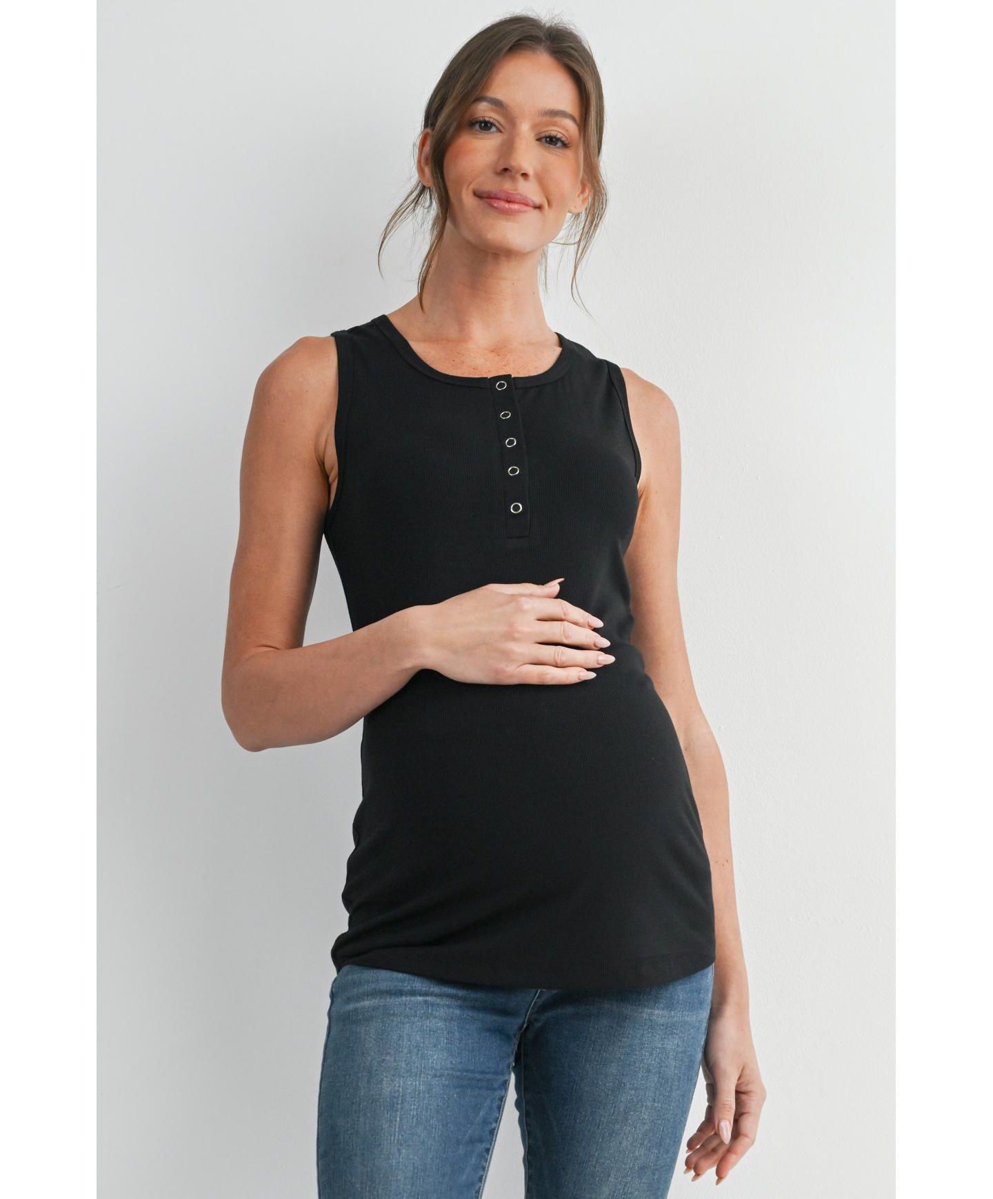 Женский топ Hello Miz Maternity Ribbed Henley Tank Top Fitted Nursing Friendly, цвет: Чёрный — фото 1