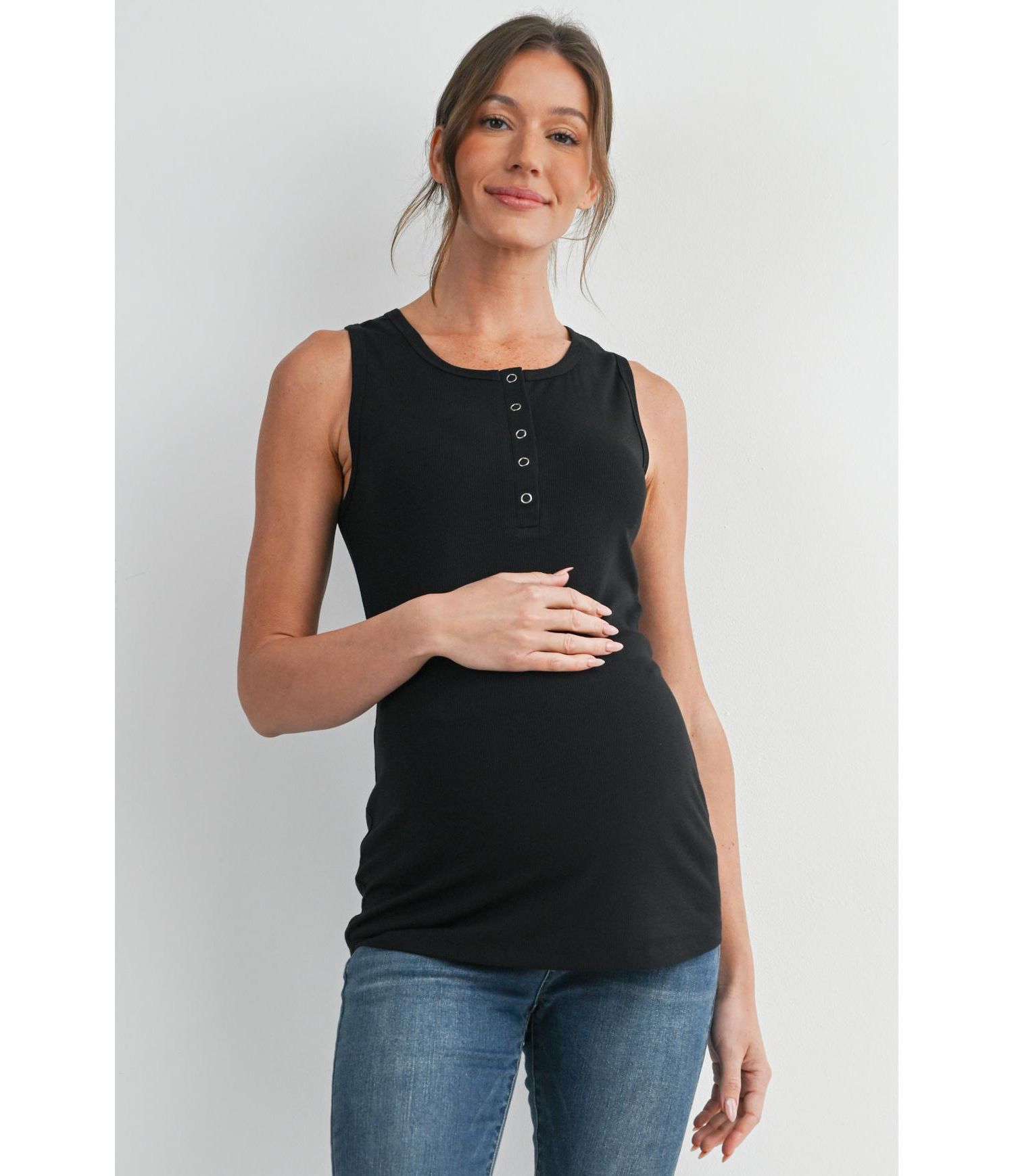 Maternity Ribbed Henley Tank Top Fitted Nursing Friendly