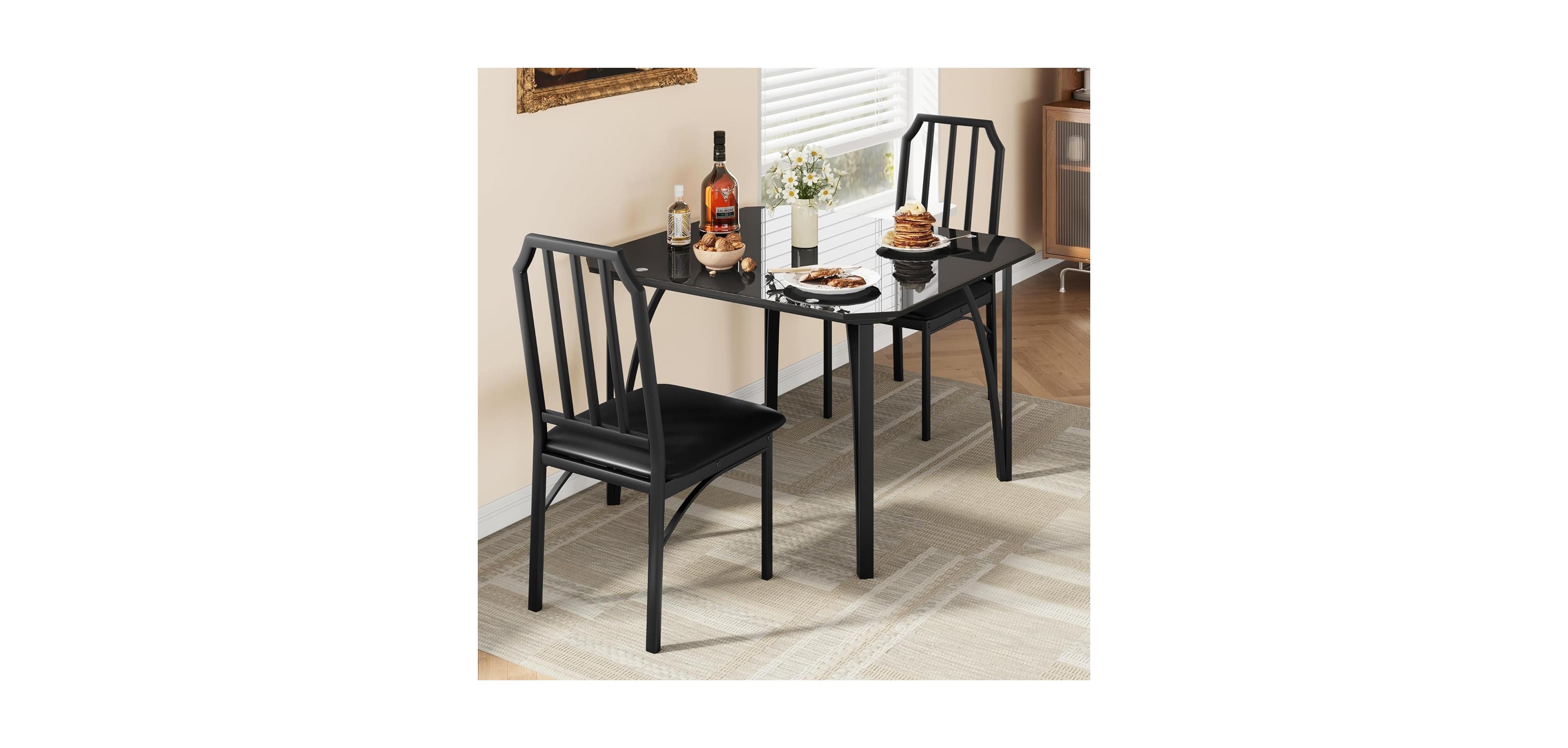 gaomon Glass Dining Table Set for 2, Kitchen Table and Chairs for 2 with with Chamfer Design, 3 Piece Dining Room Table Set with Cushion Seats