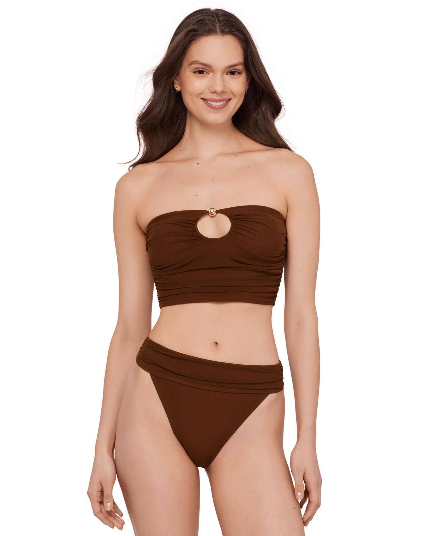 Women's Gold-Tone Bead Keyhole Tube Bikini Top and High-Leg Ruched Band Swim Bottoms
