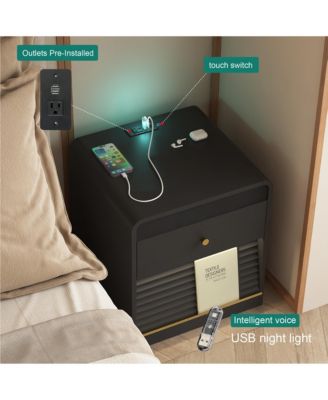 Nightstand with Charging Station, Smart Nightstand with LED Light, Bedside Tables with Storage Cabinet for Bedroom