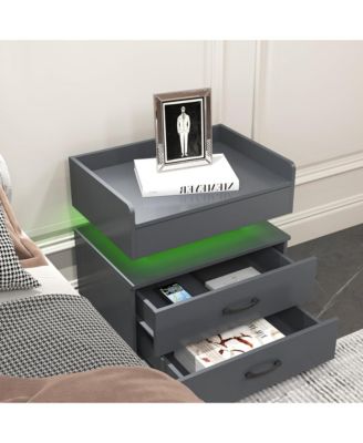 Wood Nightstand with Adjustable LED Light Strip, Modern Bedside Table with 2 Drawers and Open Storage Compartment, Side End Table for Bedroom