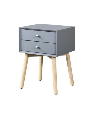 1 Pc Rubber Wood & MDF Mid Century Modern Nightstand with 2 Drawers Storage Bedside Table