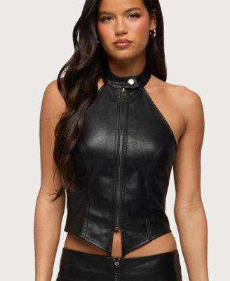 Women's Diana Zip Up Faux Leather Halter Top