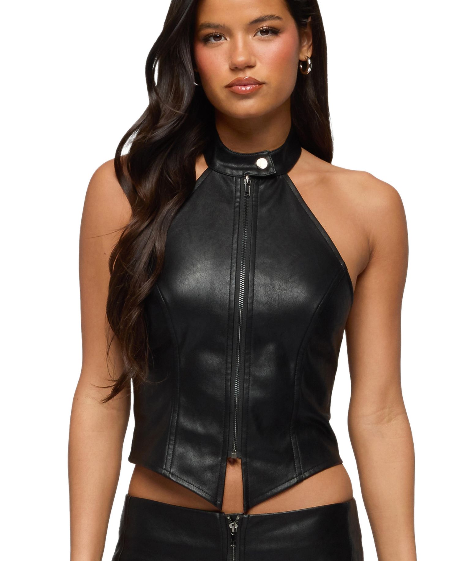 Women's Diana Zip Up Faux Leather Halter Top