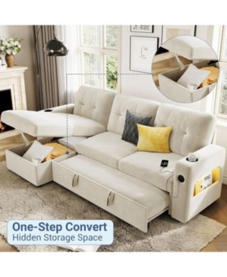 84" Sleeper Sofa Bed, L-Shaped Convertible Couch with Storage, Charging Station and LED Lights