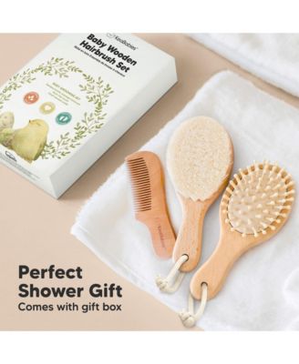 Baby Hair Brush and Comb Set Petite, Oval Wooden Baby Brush Set for Newborns, Infant, Toddler Grooming Kit