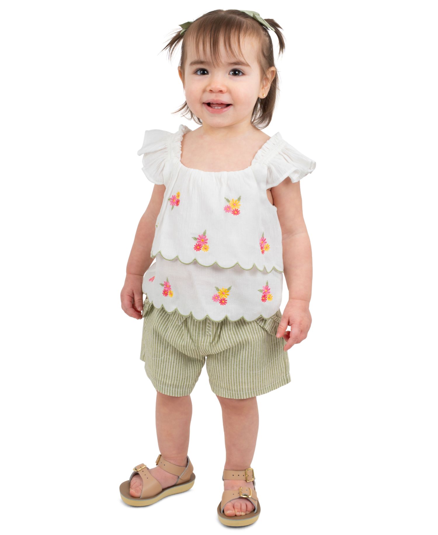 Baby Girls' Flutter Cap Sleeve Top and Stripe Olive Shorts, 2-Piece Set