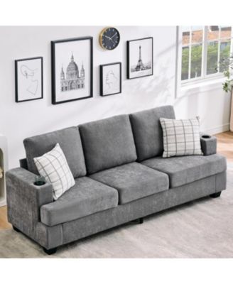 89" 3-Seater Sofa, Chenille Couch with Deep Seat, Cup Holders and Storage Pockets
