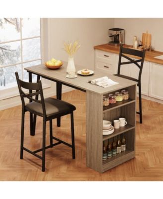 Bar Table Set of 2 with 3 Storage Shelves, Extendable Dining Table with 2 Cushioned Chairs, Small 3Pcs Counter Height Table Set for Kitchen
