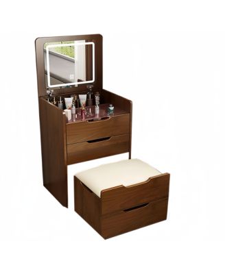 Space Saving Small Vanity Table with Basic Standard Mirror  and Cushioned Stool Makeup