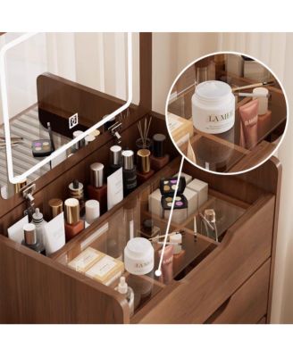 Space Saving Small Vanity Table with Basic Standard Mirror  and Cushioned Stool Makeup