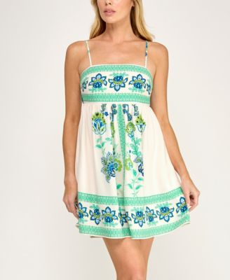 Juniors' Sleeveless Tie-Back Border Printed Linen Dress