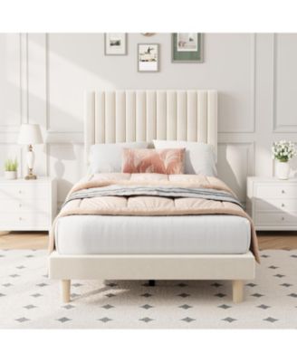Iron + MDF Tall Vertical Stripe Bed Frame, Upholstered Bed with Modern Design, No Box Spring Needed, Sturdy Construction for Bedroom