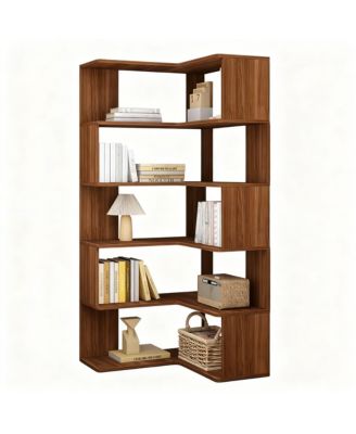 6-Tier L-Shaped Corner Bookshelf 66" Tall Wooden Freestanding Open Shelf