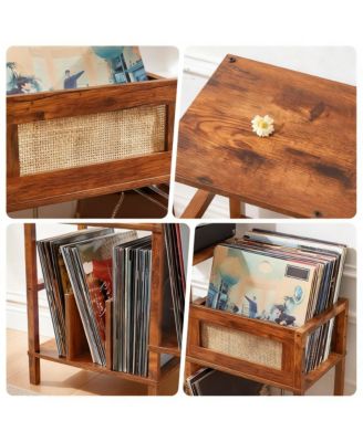 Record Player Stand Vintage Wood Rattan Media Table Display Shelf