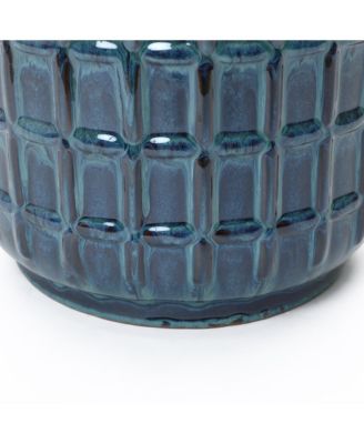 14" Tall Ceramic Planter Pot for Indoor Outdoor Plants with Geometric Texture, Large Garden Plant Pots with Drainage Hole, Blue