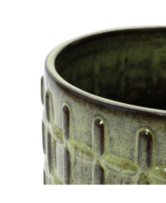 14" Tall Ceramic Planter Pot for Indoor Outdoor Plants with Geometric Texture, Large Garden Plant Pots with Drainage Hole, Green