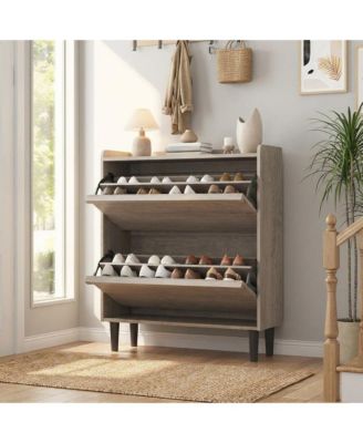 Shoe Cabinet with 2 Flip Drawers, Hidden Shoe Storage Organizer for Entryway, Wooden Shoe Rack with Adjustable Shelf