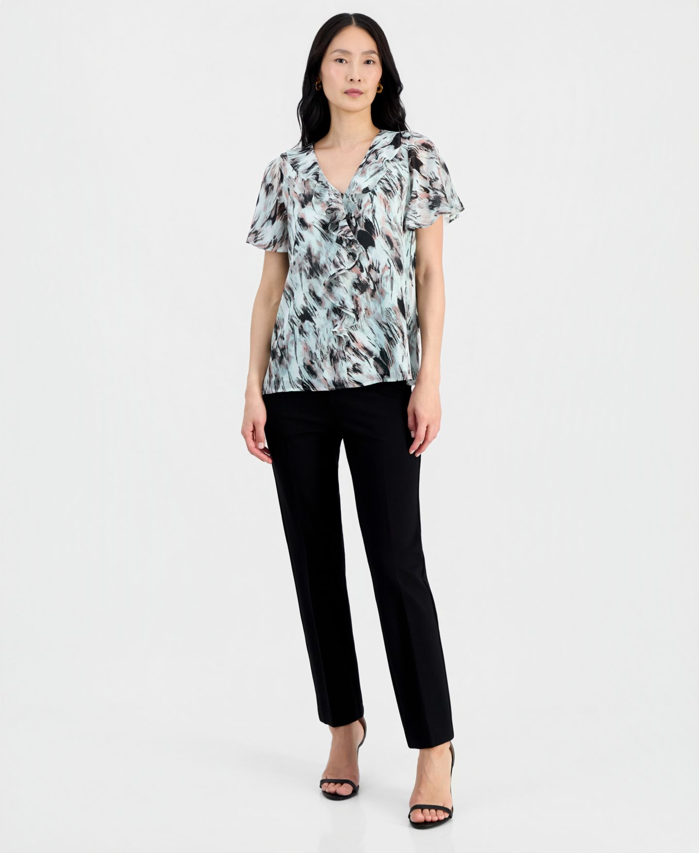 Женская блузка Kasper Ruffle-Front Flutter-Sleeve Blouse, цвет: Морской разноцветный — фото 4
